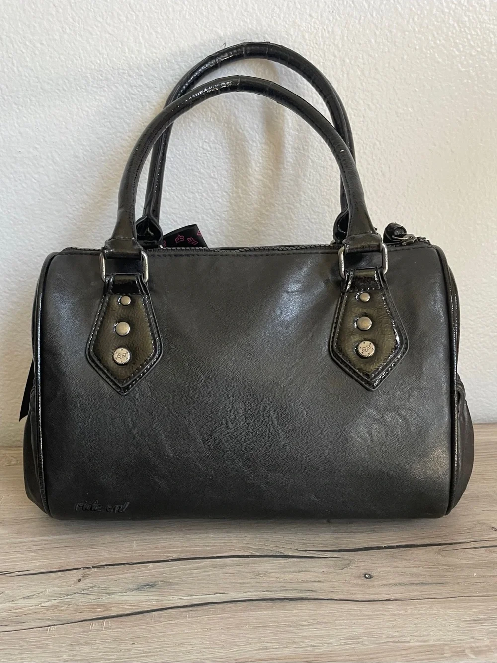 Vintage Y2K RARE FOX Racing Black Handbag  satchel Purse with Pink Logo Ribbon